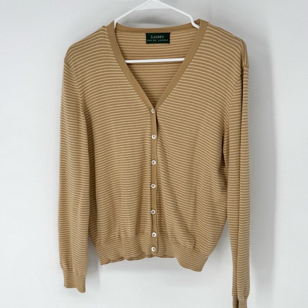 Ralph Lauren Tan Striped cotton blend layering preppy Cardigan sweater medium